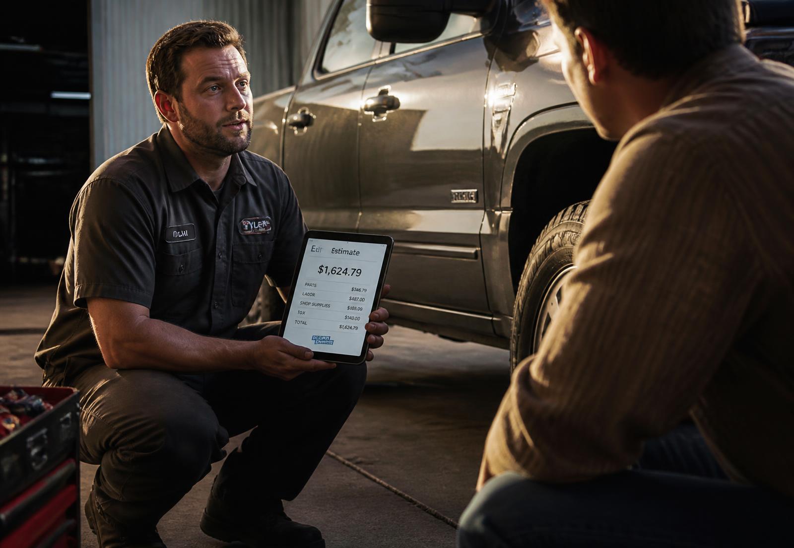 Mobile mechanic showing a customer an instant repair price on a tablet beside a pickup truck